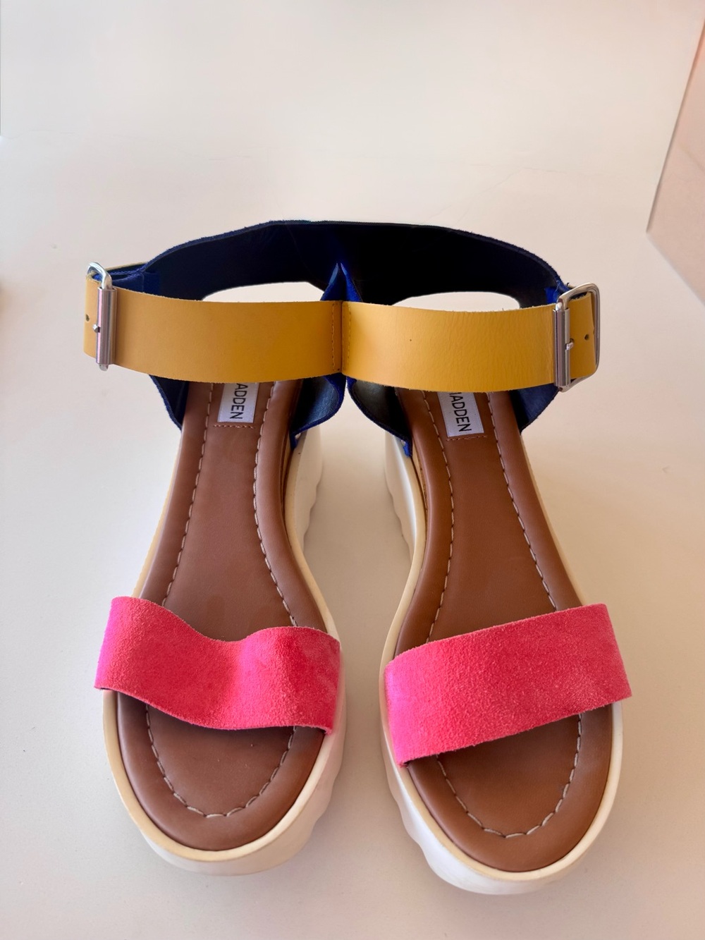 Steve Madden Pink, Yellow & Blue Platform Wedge Sandal - Picture 6 of 7